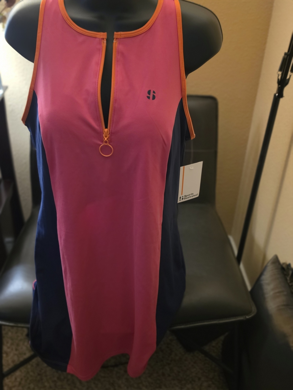Sporty Asymmetrical Pink & Navy Dress with Orange Trim